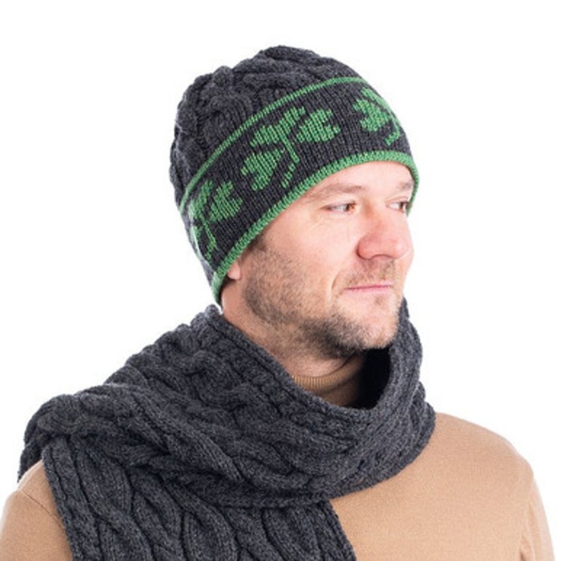 Men's Wool Cable Knit Hat with Shamrock Design