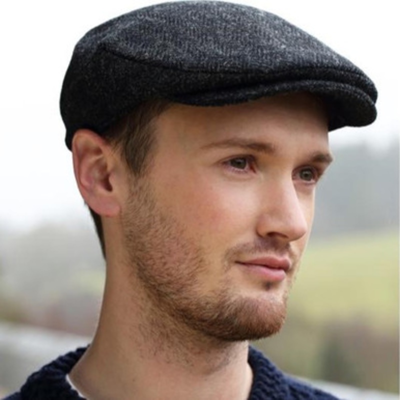 Charcoal Herringbone Harris Tweed Cap - Large