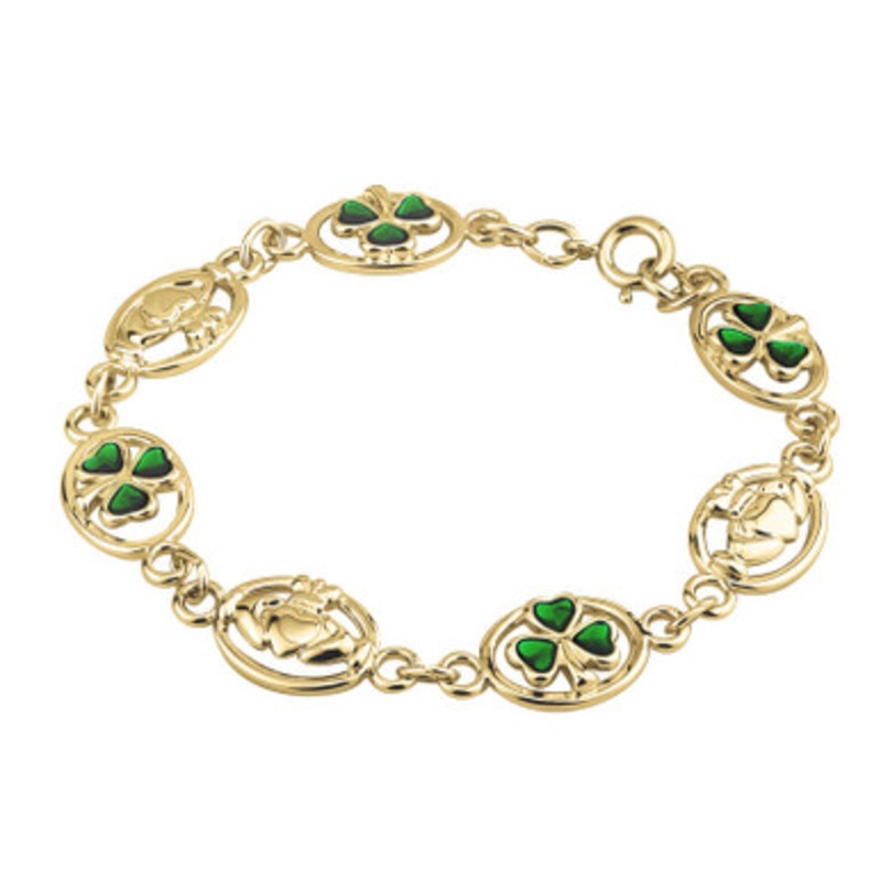 Gold Plated Bracelet 3 Claddagh And 4 Shamrock Links
