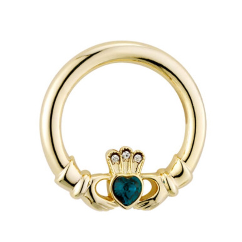 Gold Plated Green Crystal Heart Claddagh Brooch