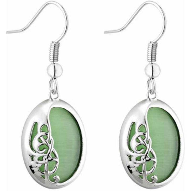 Rhodium Bok Green Cat Eye Drop Earrings