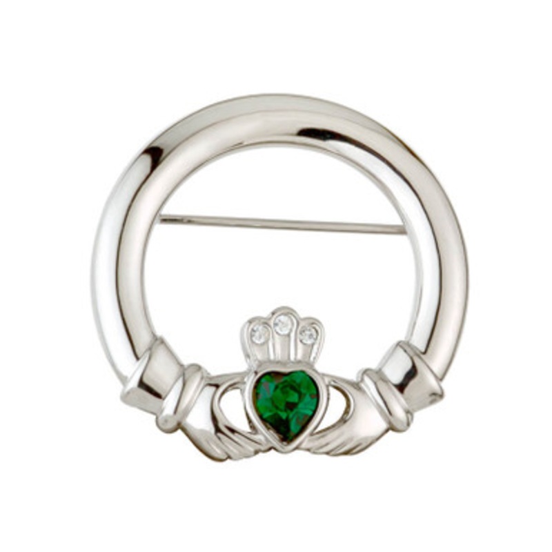 Rhodium Green Crystal Claddagh Brooch