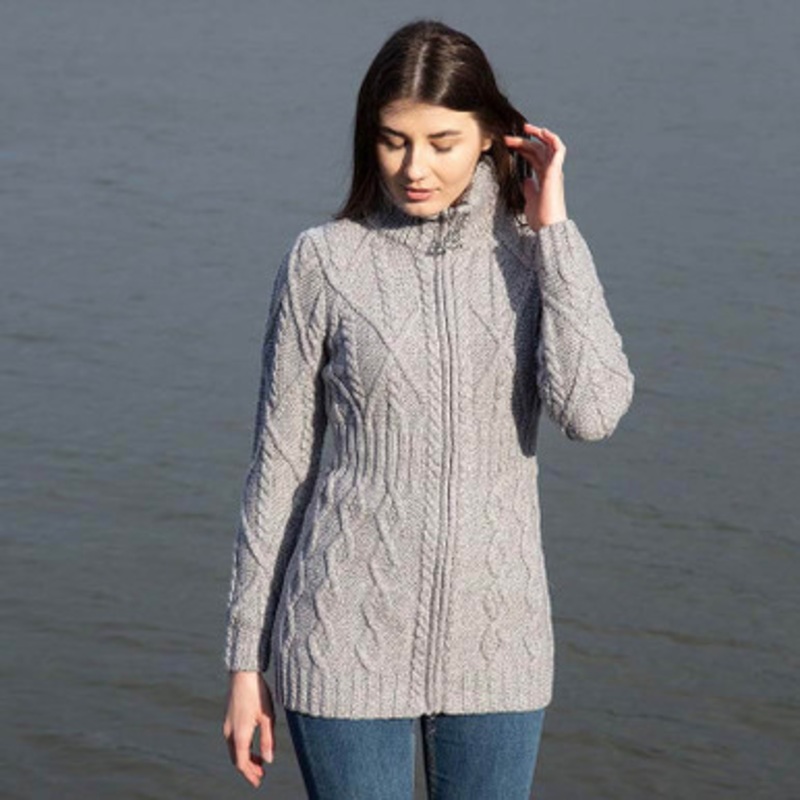 SAOL Ladies Merino Wool Cable Aran Cardigan With Zipper