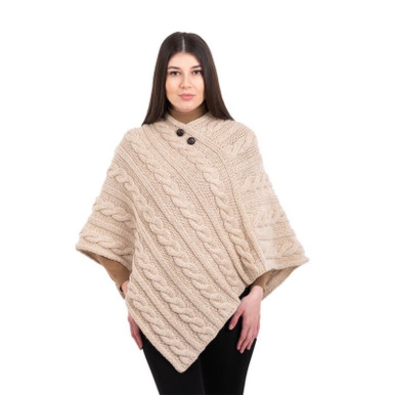 Irish Aran Cable Knit Buttoned Poncho