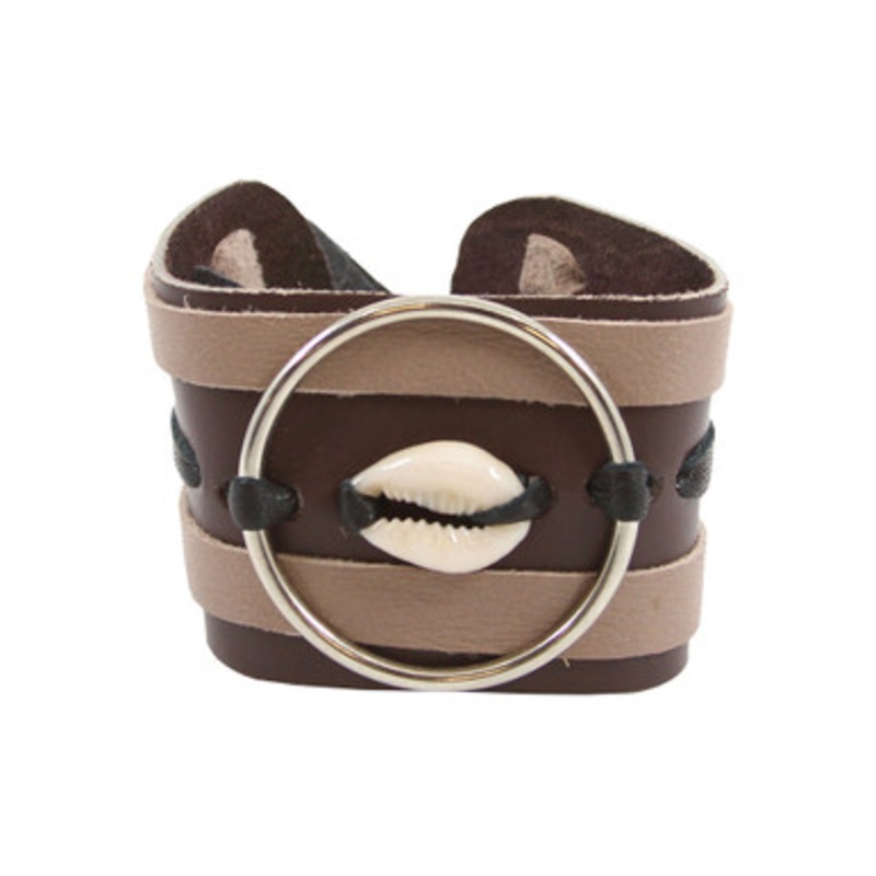 Leather Brass Circle & Shell Cuff