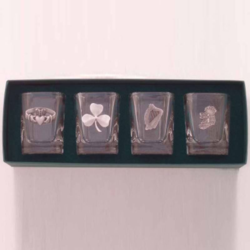 Assorted Irish Shot Glasses Pewter Accent Set of 4