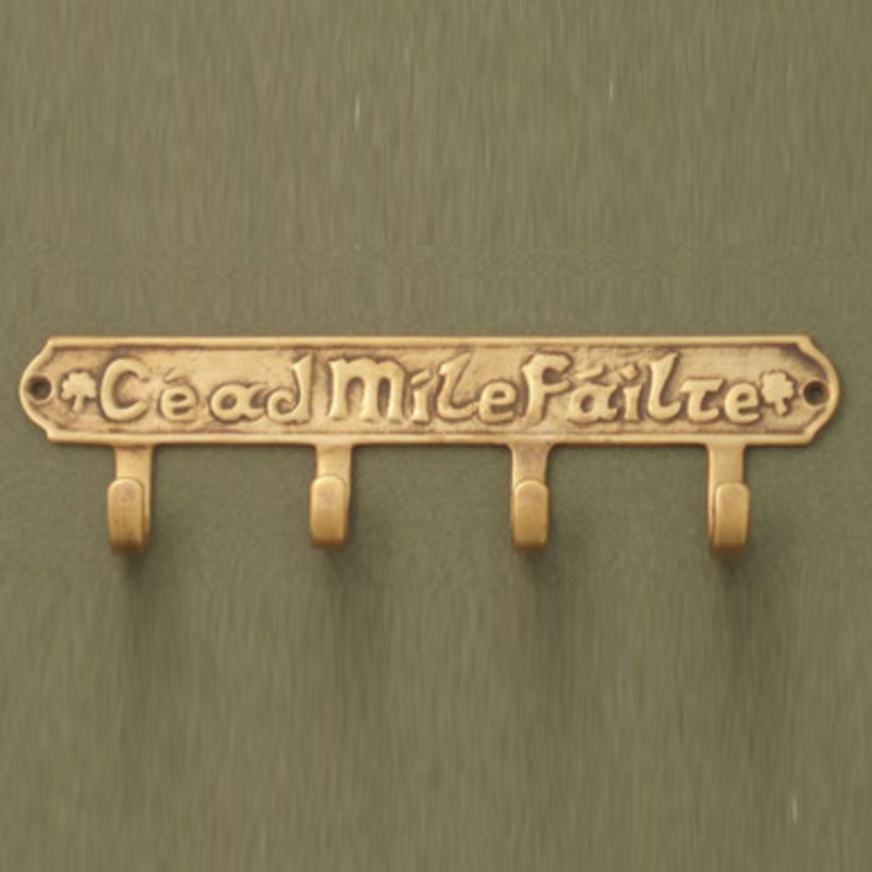 Cead Mile Failte Key Holder with 4 Hooks / Antique Brass