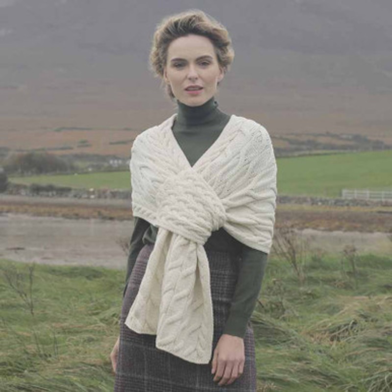 Merino Wool Ladies Irish Pull Through Cable Knit Shawl