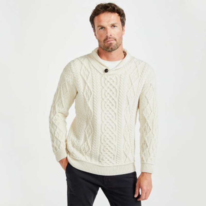 Single Button Shawl Collar Aran Sweater