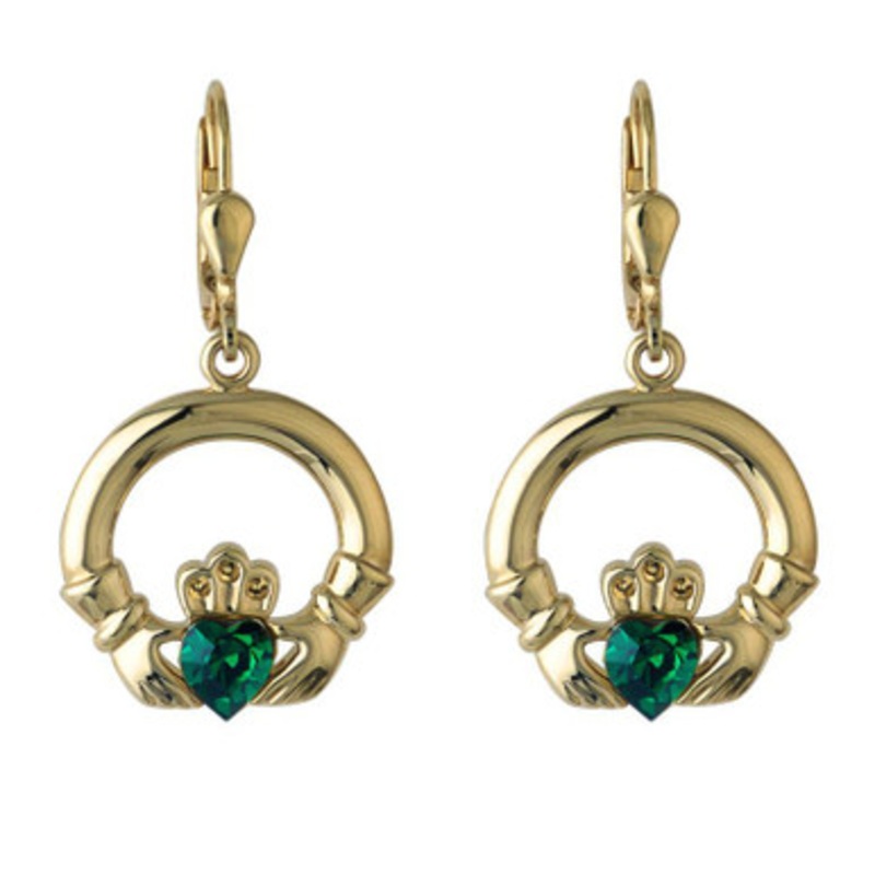 Gold Plated Claddagh Drop Heart Emerald Earrings