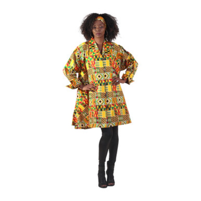 Gold/Red/Green Kente Print Long-sleeve Button Poncho