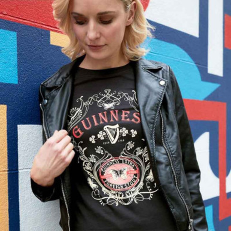 Guinness Ladies T-Shirt with Butterfly & Extra Foreign Stout Print