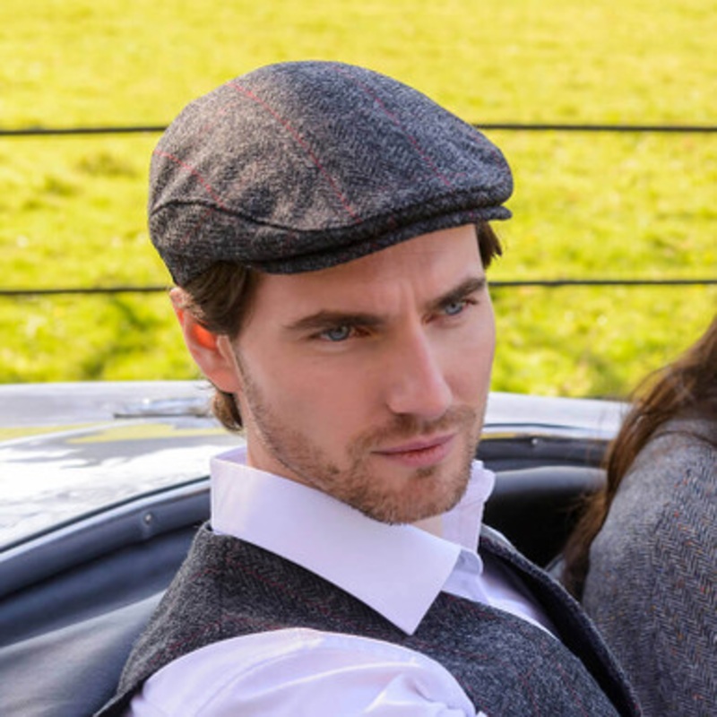 Black Herringbone Tweed Cap