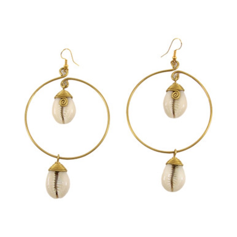 Kenyan Brass Circle & Cowrie Shell Earrings