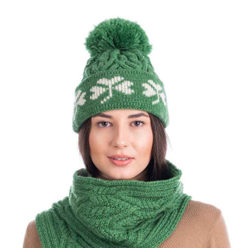 Ladies Merino Wool Hat with Green Shamrocks