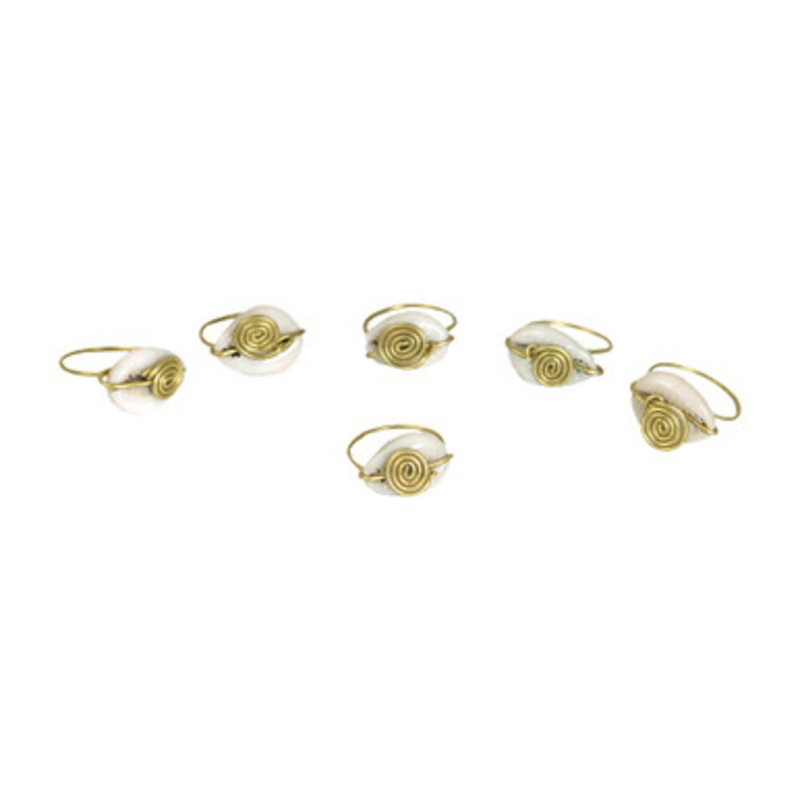 Set Of 6 Brass Swirl & Cowrie Shell Rings