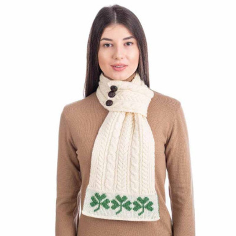 Womens Aran Cable Knit Scarf with Shamrocks