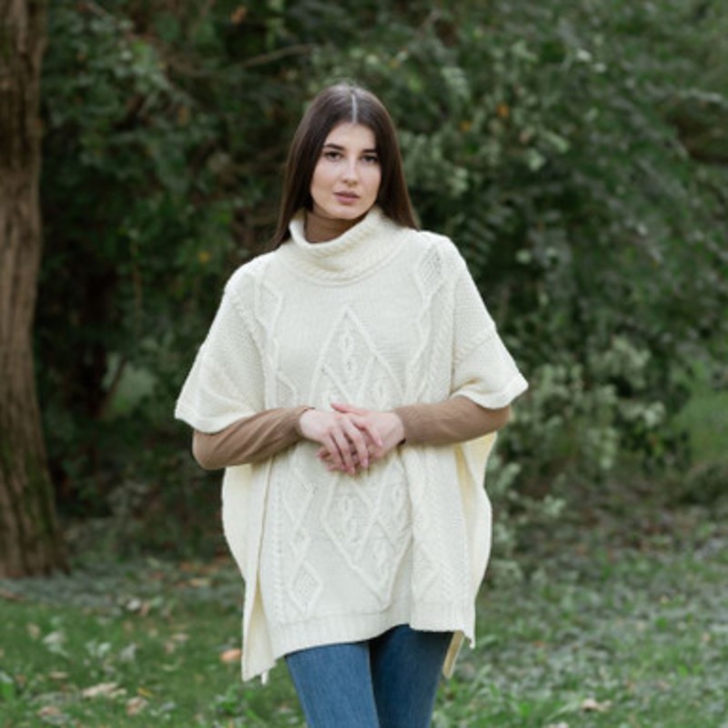 Aran Diamond Moss Knit Wool Poncho