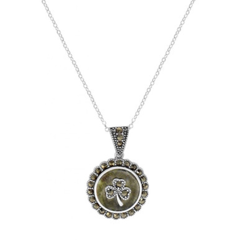 Connemara Marble and Marcasite Stones Shamrock Pendant