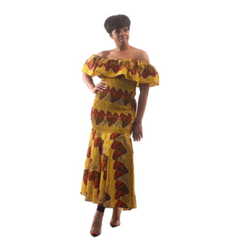 African-Made Mustard Print Elastic Dress