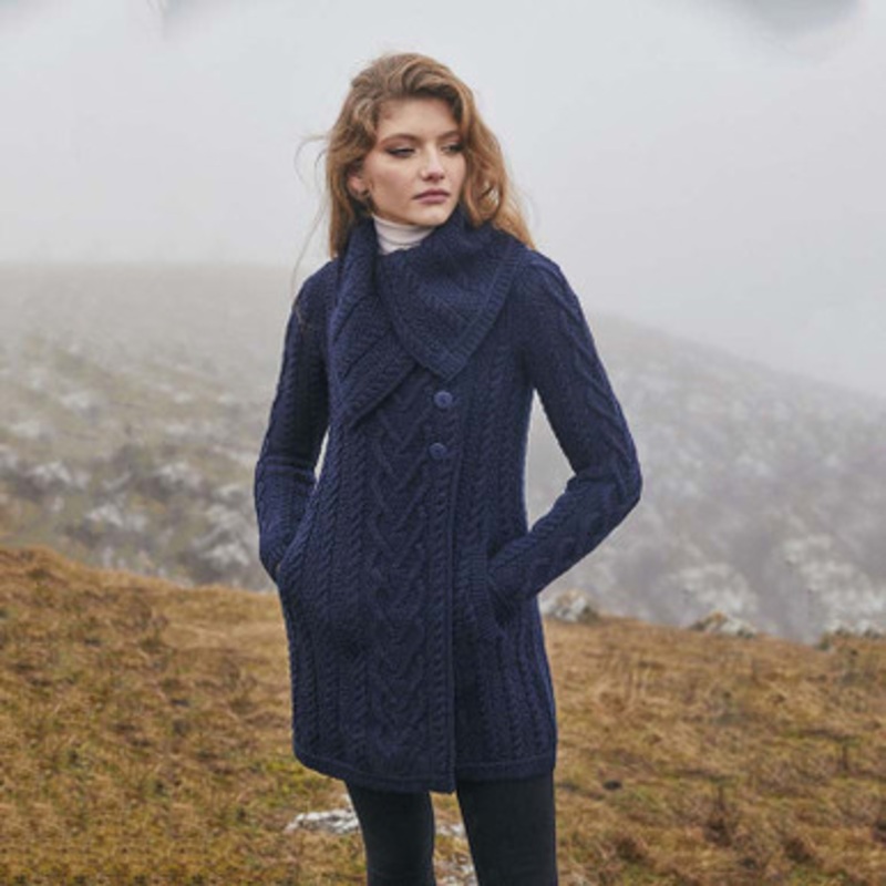 Chunky Collar Buttoned Irish Aran Coat