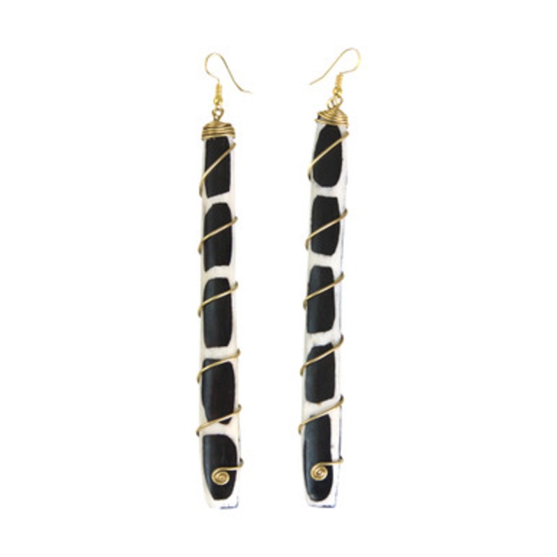 Black/White Long Bone & Brass Earring