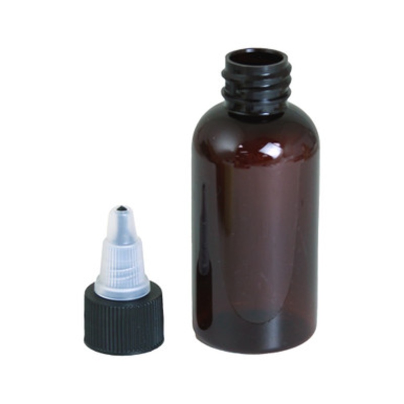 Set Of 12 Plastic Amber Bottles & Liquid Dispensing Cap - 2 oz.