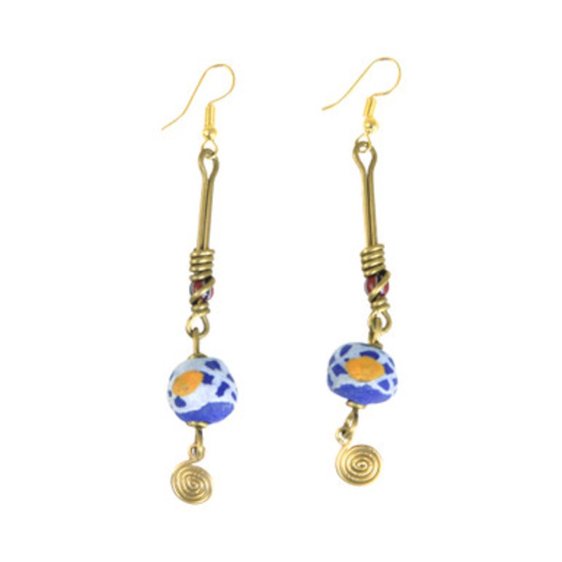 Blue Bead and Brass Earrings