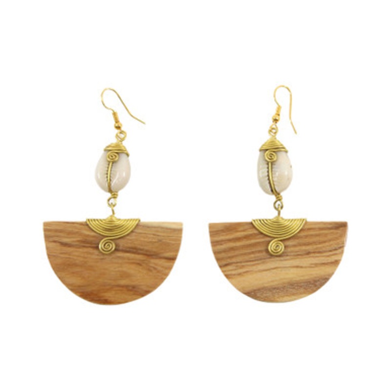 Kenyan Cowrie Brass & Wood Half-Moon Earrings