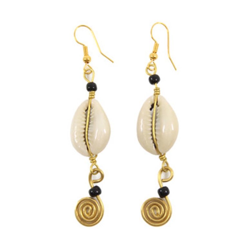 Kenyan Brass Spiral & Cowrie Shell Earrings