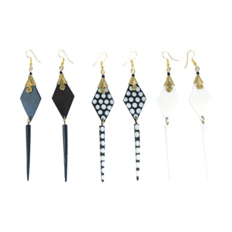 Set of 3 Diamond Spike Bone & Brass Earrings
