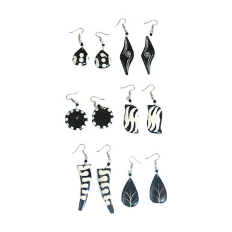 Set of 6 Black/White Bone Earrings - ASSORTED