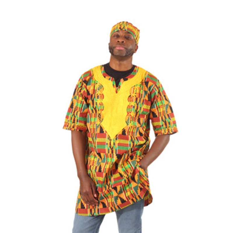Kente #2 Embroidered Dashiki & Cap