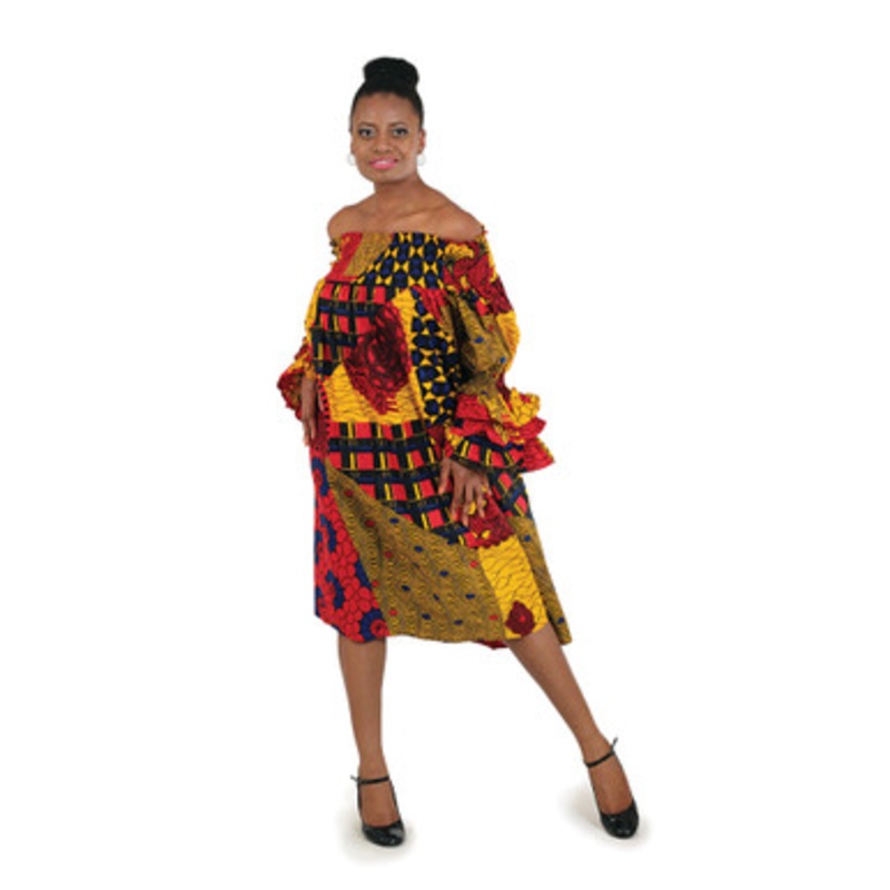 African Print Smocking Dress: Red/Ora A