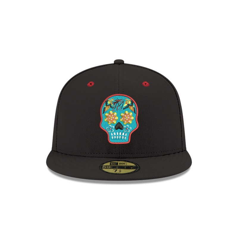 Pre-order Exclusive New Era 59Fifty Miami Marlins Neon Sugar Skull Hat - Black