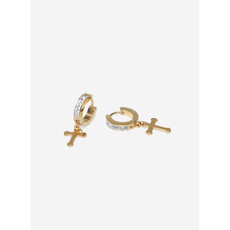 GD White Icy Hoop Cross Earrings
