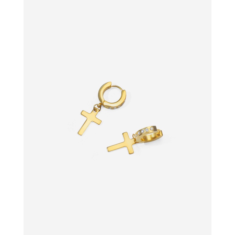 GD Dainty Icy Cross Hoop Earrings  Thin Sparkly CZ Hoops with Religious Charm